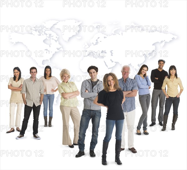 Multi-racial mixed race group of people posing together, world map in background.