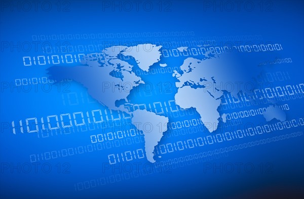 World map and binary code.