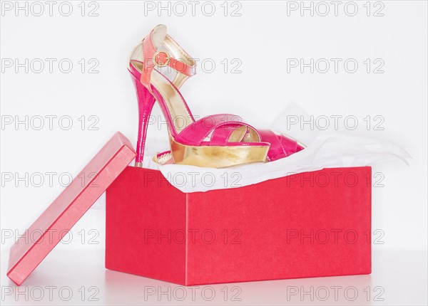 Studio shot of dress shoe in pink shoe box. Photo : Daniel Grill