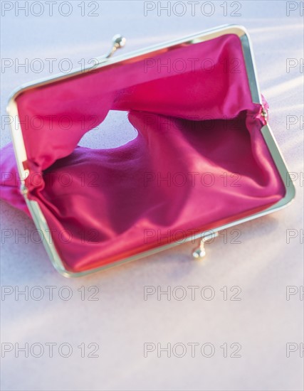 Studio shot of empty pink purse. Photo : Daniel Grill