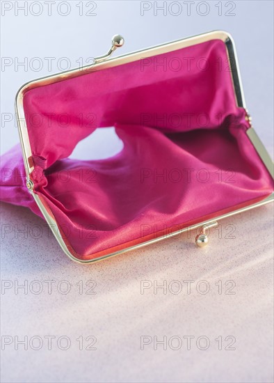 Studio shot of empty pink purse. Photo : Daniel Grill