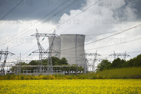 France, Rocroi, Rural landscape with power line and power station. Photo : Mike Kemp