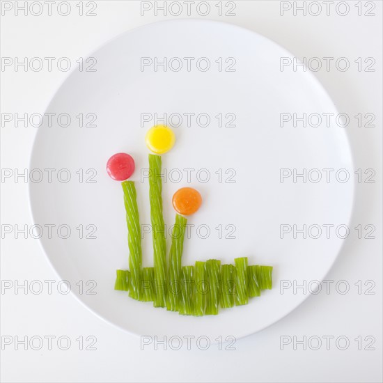Flower on plate made out of jelly beans. Photo: Jessica Peterson
