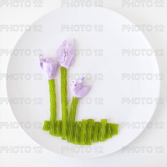 Flower on plate made out of jelly beans. Photo: Jessica Peterson