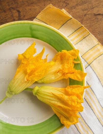 Zucchini blossoms on plate, studio shot.