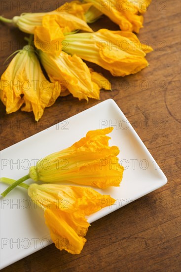 Zucchini blossoms on plate, studio shot.