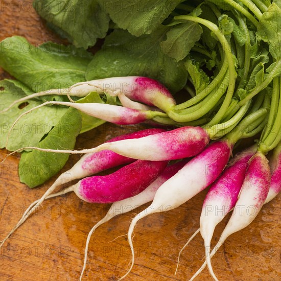 French radish on wood pattern, studio shot.