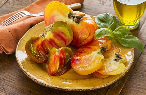 Heirloom tomatoes on plate.