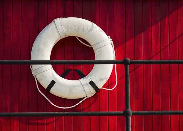 Close up of life belt on tugboat.