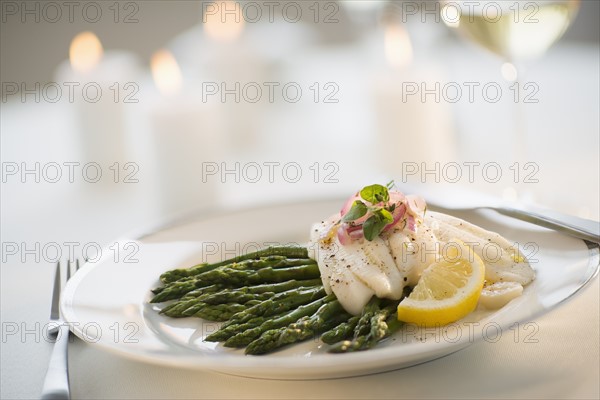 Seafood on plate in restaurant.