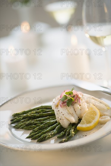 Seafood on plate in restaurant.