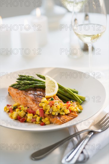 Seafood on plate in restaurant.