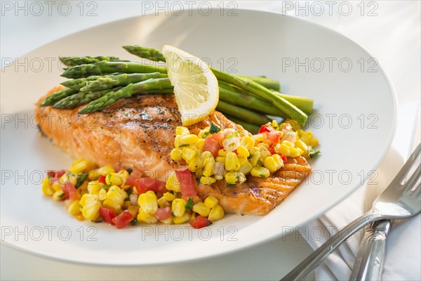 Seafood on plate in restaurant.