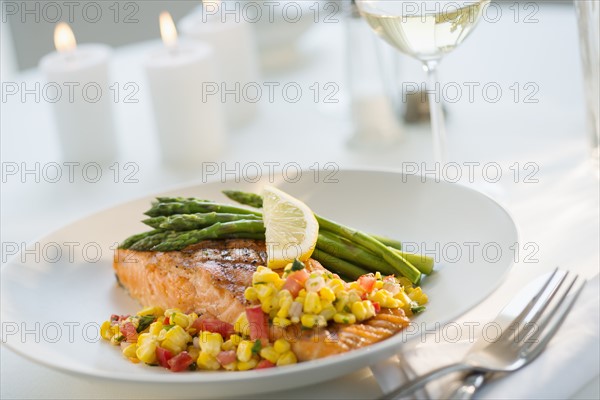 Seafood on plate in restaurant.