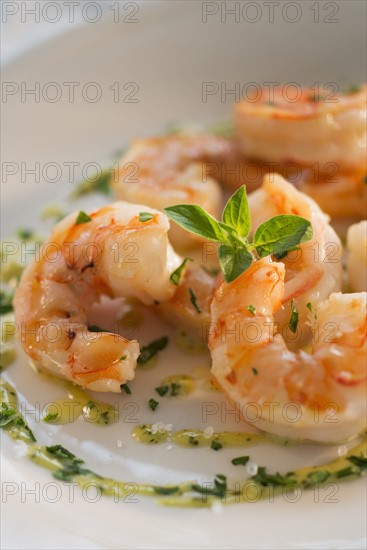 Seafood on plate in restaurant.