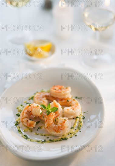 Seafood on plate in restaurant.