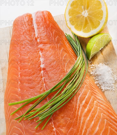 Close up of raw salmon meat, studio shot.