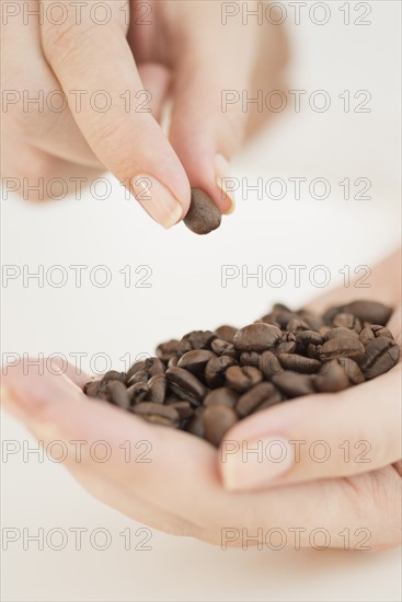 Coffee beans on woman's hand.