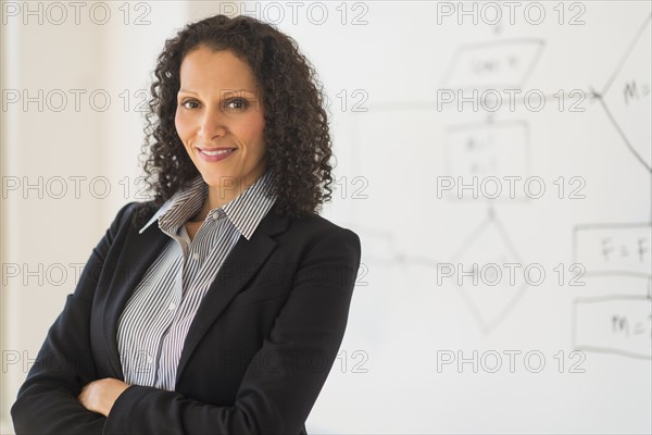 Portrait of woman standing next to whiteboard.