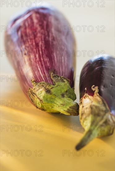 Studio Shot of two eggplants. Photo : Daniel Grill