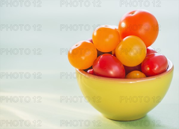 Studio Shot of tomatoes in bowl. Photo : Daniel Grill