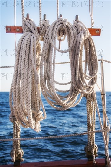 Coiled ropes on yacht deck. Photo: Daniel Grill