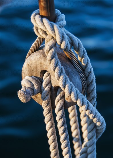 Close-up view of yacht ropes against rippled water. Photo: Daniel Grill