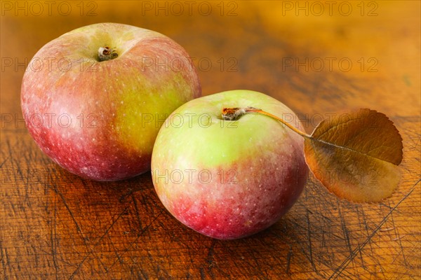 Two apples on wood pattern.