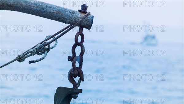 Part of lobster boat on sea. Portland, Maine.