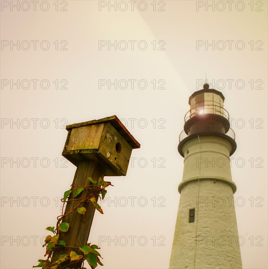 Portland Head Light and birdhouse. Portland, Maine.