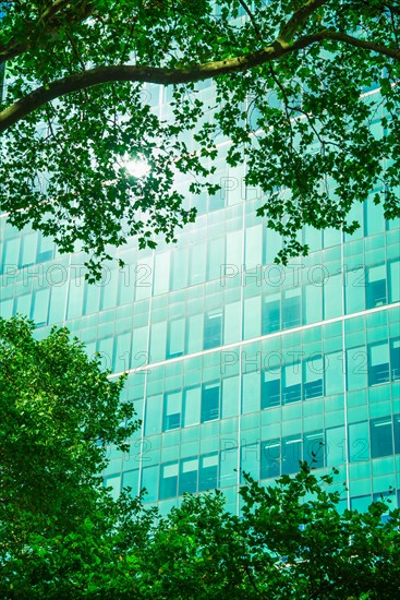 Chrysler Building seen through trees in Bryant Park. New York City, New York.