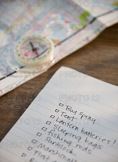 Packing list, compass and map