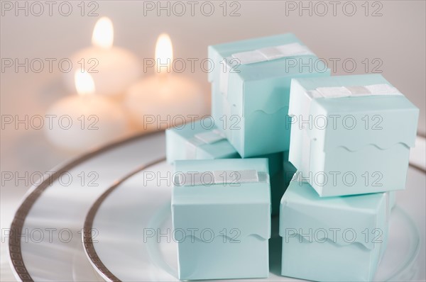 Pastel composition with gifts packages and candles