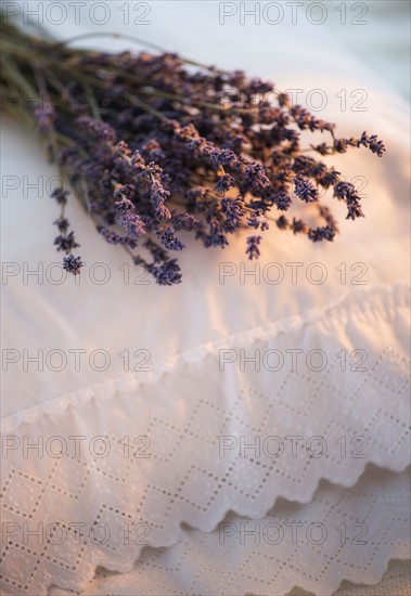 Close up of lavender bundle lying on embroidered pillow