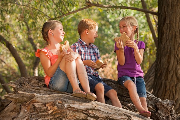 Three kids (4-5, 6-7) eating peanut butter sandwiches together on tree