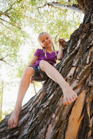 Wide angle shot of little girl (4-5) sitting in tree