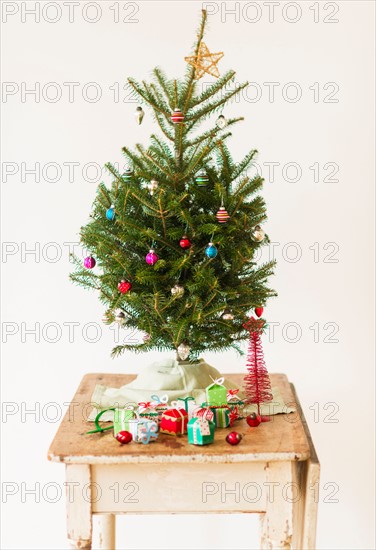 Christmas tree on old table.