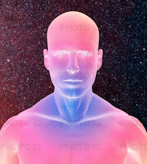 Digitally generated male figure against starry background
