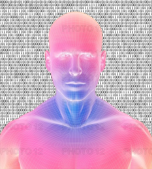 Digitally generated male figure against binary code background