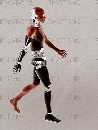 Cyborg walking on binary code background