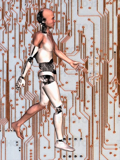 Cyborg walking on computer chip background