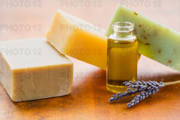 Colorful soaps and aromatherapy oil.