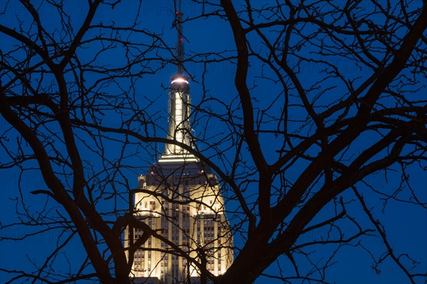 Empire State building illuminated at dusk. New York, New York.