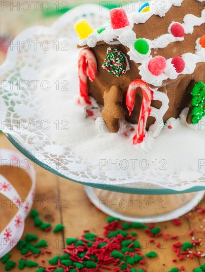 Gingerbread house on cake stand
