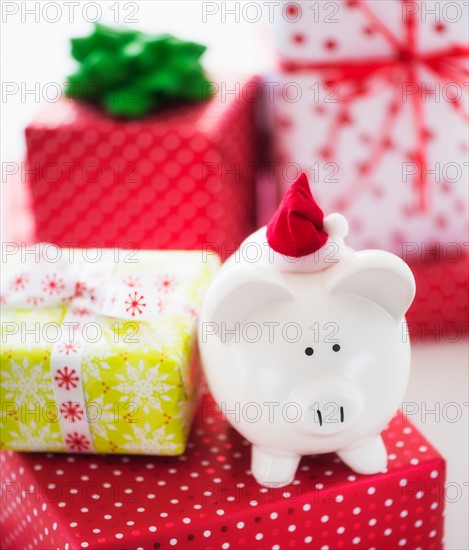 Piggy bank and christmas gifts