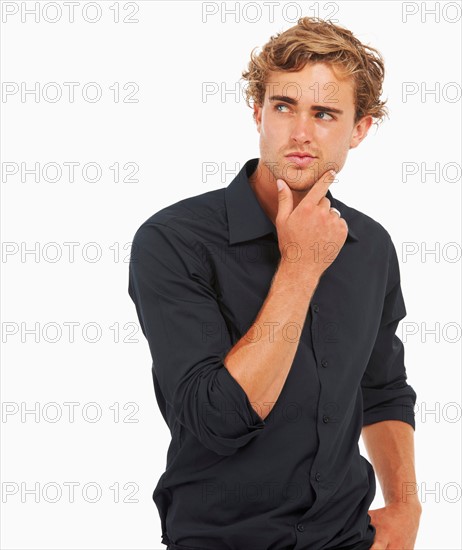 Studio Shot, Portrait of man with hand on chin