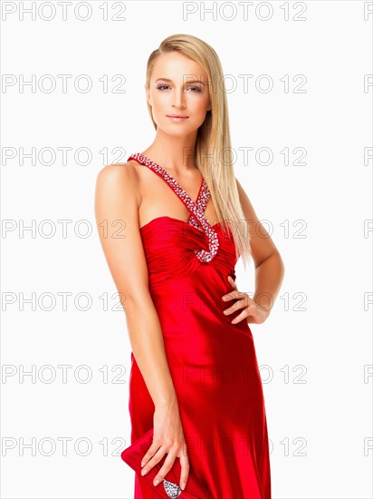Studio Shot, Portrait of young woman in red dress