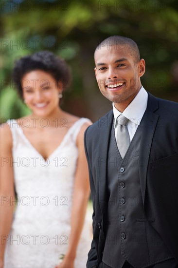 Portrait of newlywed couple