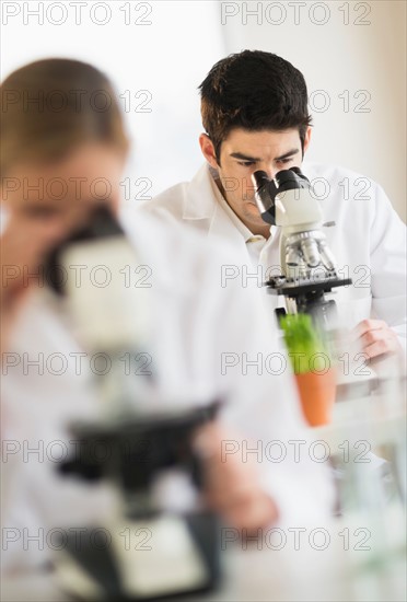 Scientists doing research on microscopes.