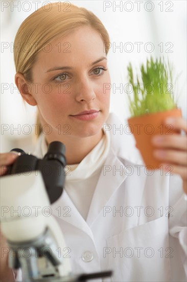 Scientist doing research on microscopes.